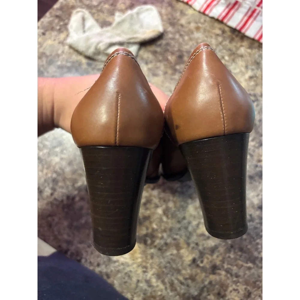 Coach Kristi Tan Leather Block Heel Loafers Buckle Pumps Made in Italy Womens 8B